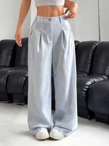 SHEIN EZwear 大码休闲宽松直筒条纹裤 - 淺藍色 - 查看 3