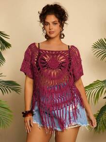 Travachic Plus Size Women Hollow Out Solid Color Short Sleeve Knit Blouse, Suitable For Vacation