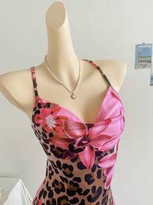 Soleia Vestido con cuello en pico, tiras de espagueti y espalda al descubierto, con estampado de leopardo y floral vintage, para mujer. Diseño sexy, adecuado para vacaciones, boda, fiesta, vacaciones, festival de música, estilo bohemio.