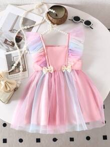 SHEIN Baby Girl   Fitted Cute Pink Woven Patchwork Colorful Mesh Ruffle Butterfly Trim Summer Dress - Multicolor - View 6