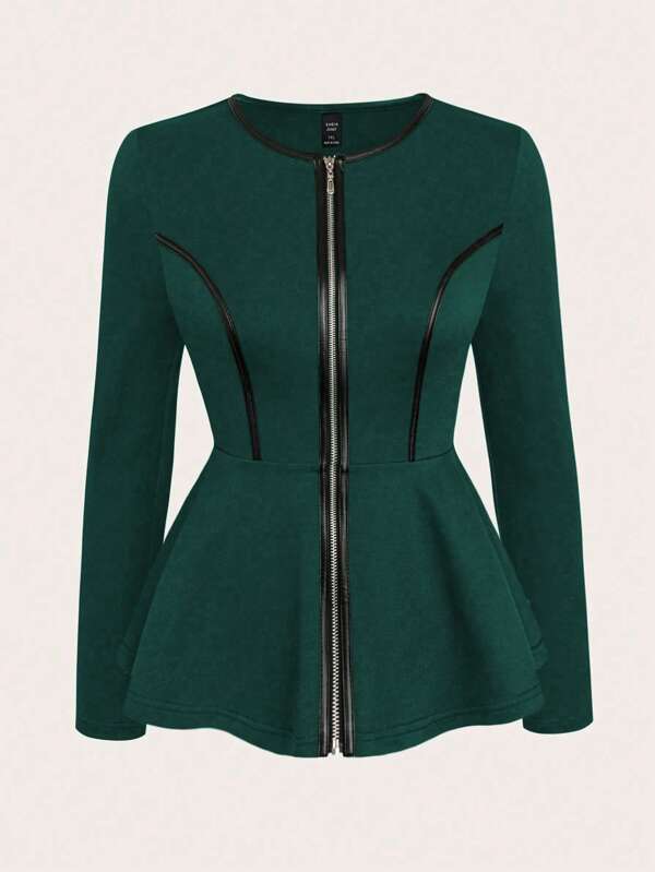 SHEIN Clasi Damesjas met ronde hals, ruche zoom en rits, lange mouwen