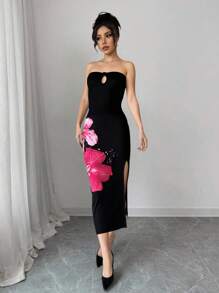 Breezaya Elegante abito casual da donna con stampa floreale e fessura, in stile traforato