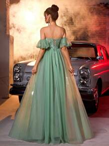 Glamrae Elegant Sage Green Off-Shoulder Lantern Sleeve Lace Waist Sheer Ruffle A-Line Maxi Dress With Side High Slit & Adjustable Strap, Suitable For Date, Vacation, Singles Party, Wedding, School Formal, Formal Evening Gown, For Wedding Guest