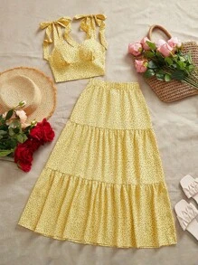 SHEIN VCAY 女士简约度假梭织印花喇叭红裙，休闲假日春季女装，女士街头服饰，休闲装度假