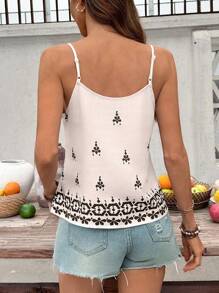 SHEIN Frenchy Women's Geometric Boho Indigo Lace Cami Top, Fashion Holiday Style, Everyday Casual Top Summer Vacation - Beige - View 2