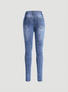 Girls' Navy Blue Fashionable Ripped High Waisted Stretchy Skinny Jeans, All-Match & Versatile - Dark Wash - View 2