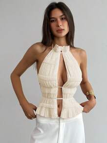 Aloruh New Sexy Open Back Lace-Up Design Sweet Ruffled Jacquard Sexy Slit Pink Halter Halterneck Top - Apricot - View 4