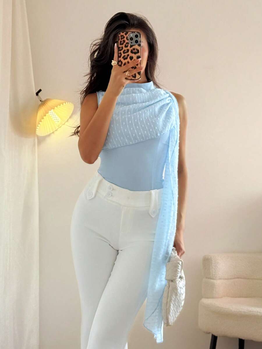 Chiquease 不对称肩带挂领带休闲通勤度假风格女士衬衫/衬衣，春夏 - 淺藍色 - 查看 1