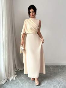 Rafferiza Elegant Solid Color Asymmetric Neck Dress - Apricot - View 4