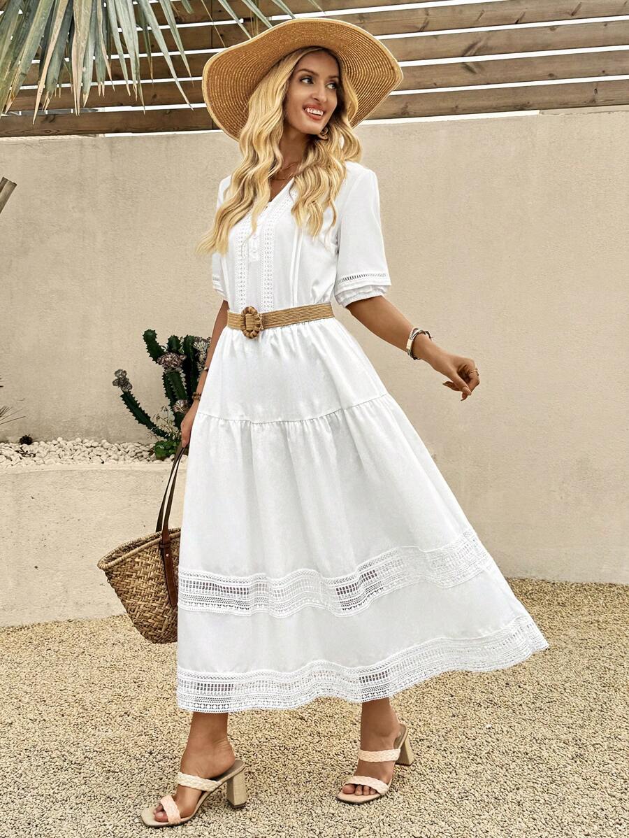 EMERY ROSE Falda casual de línea A con cintura elástica, parches de encaje y unicolor, ideal para vacaciones - Blanco - Ver 1