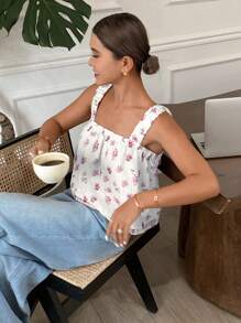 SHEIN Frenchy Áo ba lỗ nữ in họa tiết dệt jacquard buộc lưng nhún bèo cho mùa hè, Áo hở lưng mùa hè châu Âu hở lưng họa tiết hoa nhỏ xinh, Áo hở lưng bãi biển Ibiza dễ thương - Màu be - Xem 3