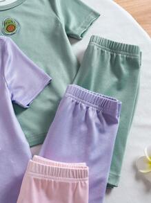 6pcs Young Girls Spring & Summer Ribbed Cherry Embroidery Short Sleeve Jumpsuit Set, Fitted Homewear - Pink - View 4