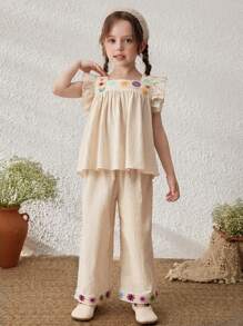 Blossori Young Girls Linen Holiday Ribbon Decor Ruffle Sleeve Shirt/ Pants Set - Khaki - View 6