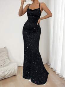 SHEIN PETITE Women's Elegant Fish Tail Hem Spaghetti Strap Dress, Summer - Black - View 1