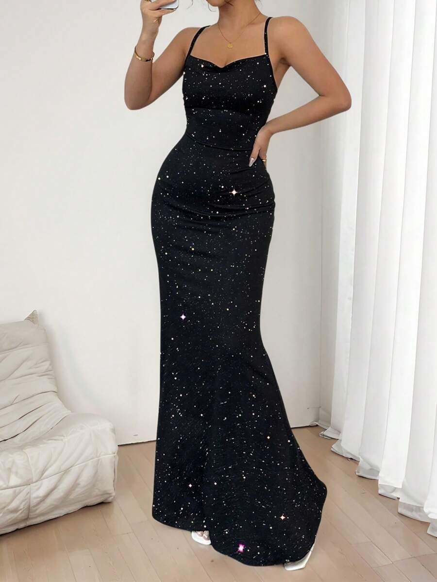 SHEIN PETITE Women's Elegant Fish Tail Hem Spaghetti Strap Dress, Summer - Black - View 1