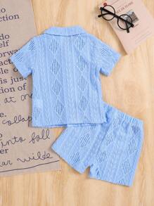 Souflis Souflis Bộ đồ trẻ sơ sinh Unisex 1 tuổi, áo sơ mi ngắn tay màu mơ và quần short, vải có họa tiết, thích hợp cho bé mặc ra ngoài vào mùa hè - Màu xanh nhạt - Xem 2