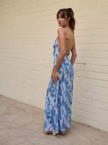 Nöista Vestido largo maxi fluido azul claro de verano para vacaciones tropicales, con estampado abstracto, tirantes finos, escote drapeado, elegante para eventos formales y graduación - Multicolor - Ver 1