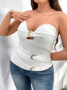 Firerie Blusa Assimétrica com Cinto de Metal Decorativo sem Alça para Mulheres Plus Size, Elegante, Minimalista, Chique, Moda de Festa, Diária, Festival de Música, Trabalho, Primavera/Verão - Branco - Visão 7