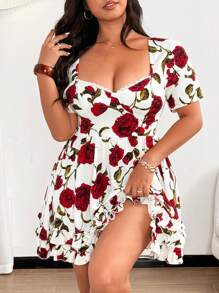 Flirla 加大码女式性感露背玫瑰花朵优雅沙滩裙，度假装 - 紅白色 - 查看 6