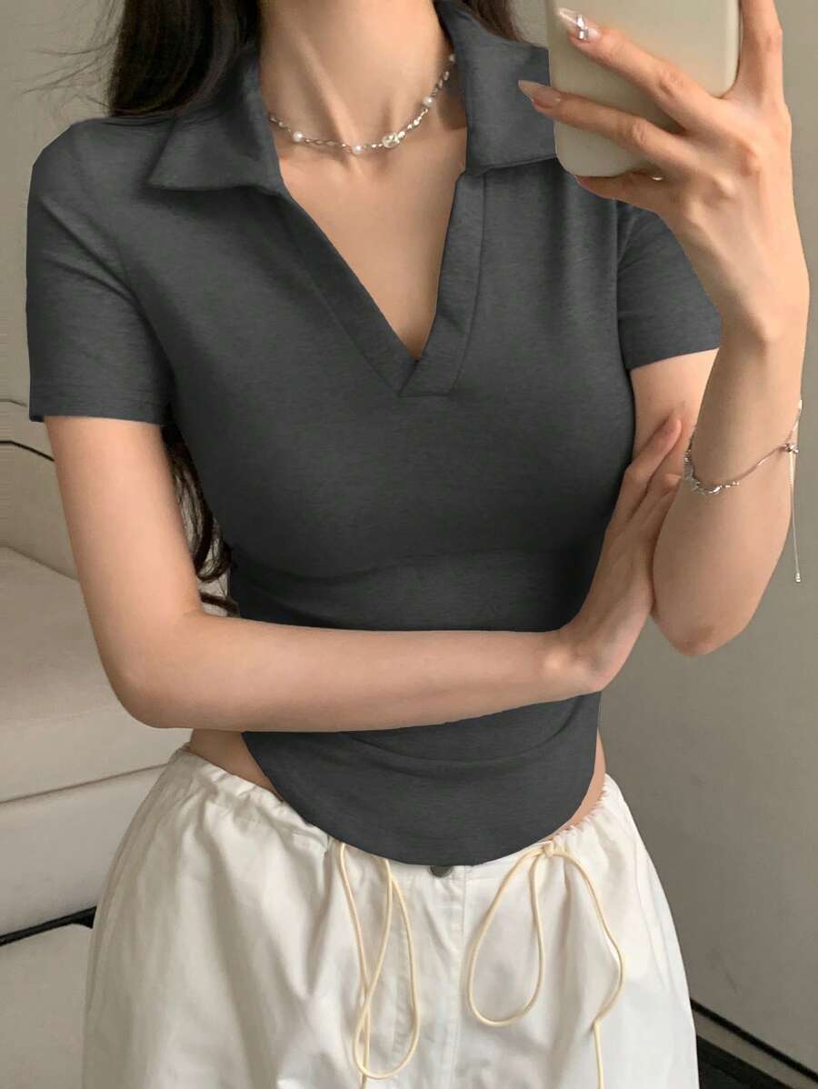 DAZY Women's Polo Collar Short Sleeve T-Shirt, New Spring/Summer - Grey - View 1