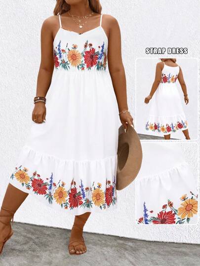 SHEIN Clasi Plus Size Women Casual Vacation Floral Print Spaghetti Strap Dress