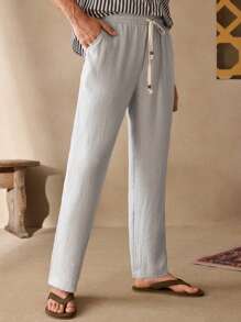 Manfinity VCAY Men's Casual Soft Summer Color Palette Woven Drawstring Tapered Leg Pants,Autumn,Vacation,Holiday,Slant Pocket Trousers For Outdoor,Home,Beach,Hiking - Light Grey - View 3