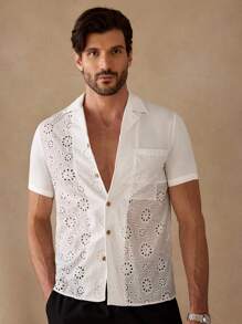 GENTILAND Men's Casual Woven Cotton Patchwork Embroidered Grandad Collar Short Sleeve Shirt, Suitable For Everyday Wear