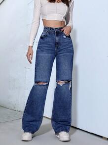 SHEIN ICON Jeans desgarro de talle alto - Azul lavado oscuro - Ver 6