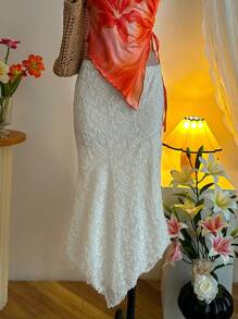 SHEIN MOD 女式中长低腰裙（象牙色蕾丝）、波西米亚风女装、乡村音乐会、春季女裙、复活节女裙 - 杏色 - 查看 6