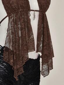 SHEIN ICON 女士 Y2k 性感 90 年代服装节勃艮第红嬉皮蕾丝露背挂脖休闲上衣，日常穿着 - 棕色 - 查看 6