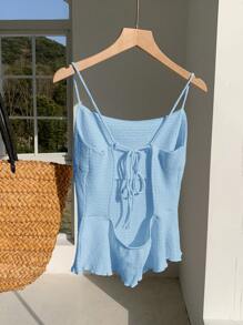 Comfortcana 1 pieza Camiseta sin espalda de unicolor de tela texturizada para vacaciones - Azul - Ver 2