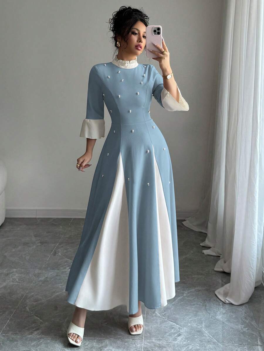Modelyn Vestido de mujer con diseño en dos tonos, empalmado, fruncido y con bajo abombado