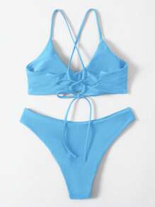 Swim Basics 女款純色細肩帶分體式比基尼泳衣，三角泳褲，無鋼圈，適合夏季海灘度假 - 淺藍色 - 查看 2