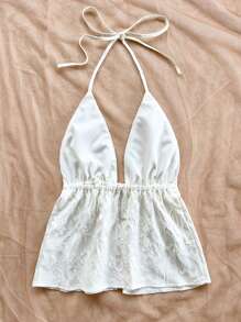 Soleia Women's Casual Vacay Paisley Textured Ruched Halter Crop Cami Top - White - View 2