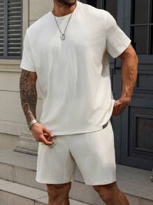 Manfinity Homme Plus Size Men Summer Casual Textured Short Sleeve T-Shirt And Shorts Set - White - View 6