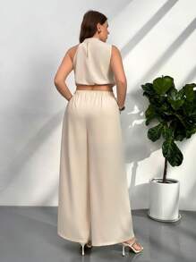 Firerie Plus Size Women Office Commute Casual Elegant Twist Knot Blouse Top And Metal Button Wide-Leg Pants 2 Pieces Set, Spring/Summer - Apricot - View 3