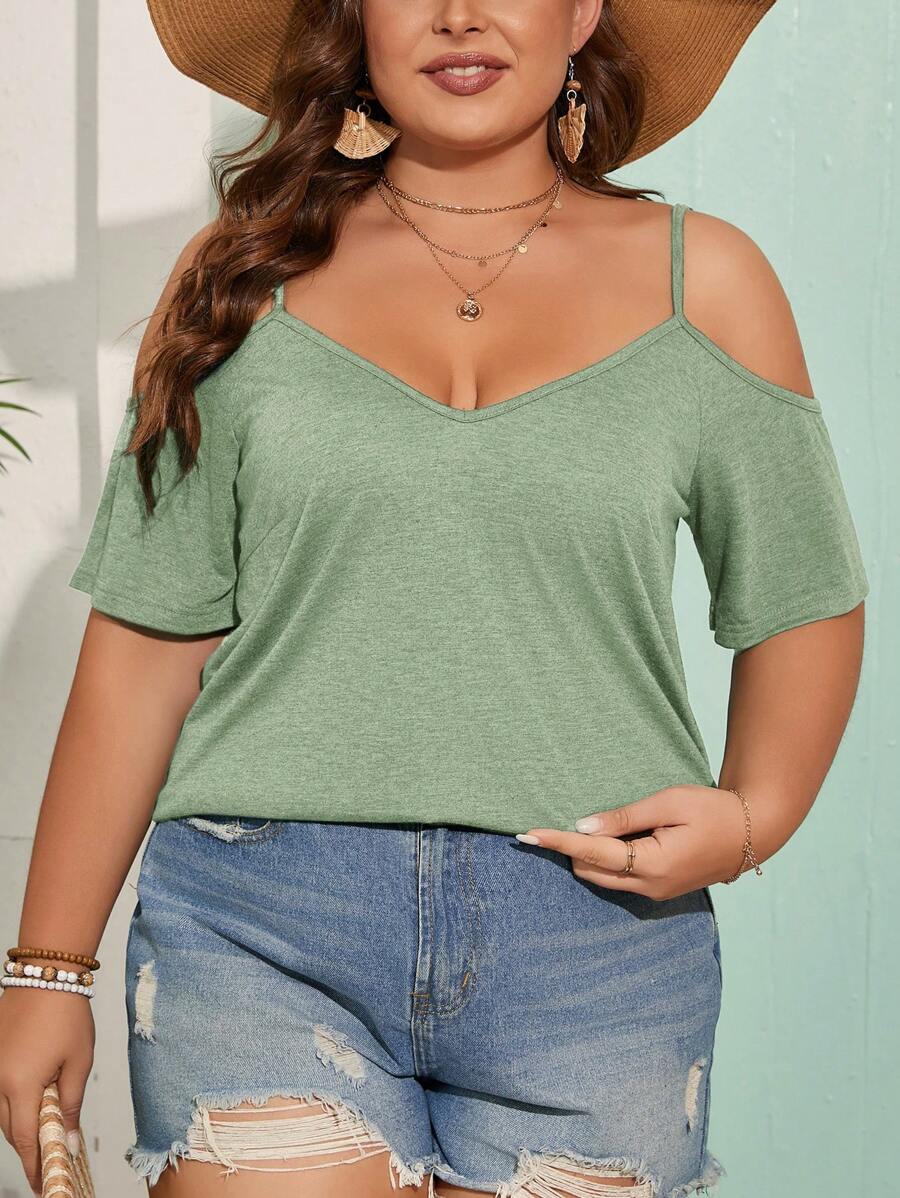 SHEIN Frenchy Plus Size Olive Green Cold Shoulder Neckline Casual Summer T-Shirt Country Concert Tops - Mint Green - View 1