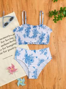 Tween Girls Floral Print Swimsuit Set, Holiday Beach Outfit - Multicolor - View 1