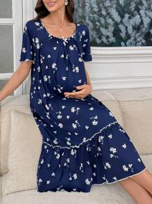 SHEIN Camisón de maternidad de flores pequeñas con volantes