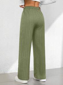 SHEIN PETITE 夏季休闲纹理阔腿七分裤 - 綠色 - 查看 2