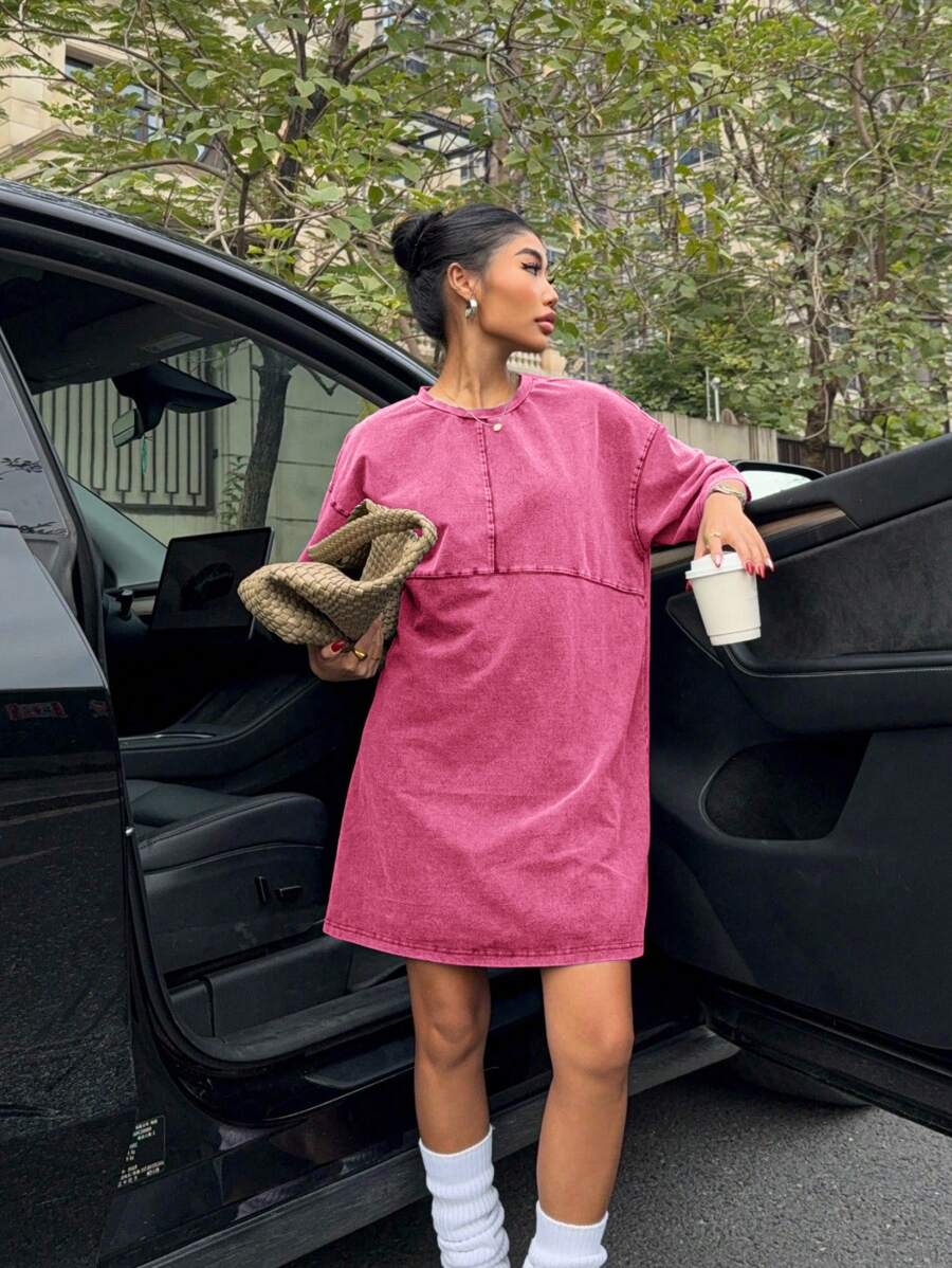 Muchica Distressed Oversized Short Sleeve Mini Dress