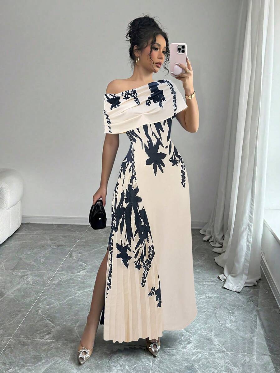 Selianne Elegantes modisches Pendler-Lässig-Romantik-Urlaubs-Damen-Kleid mit ärmellos, asymmetrischem Saum, Taille Raffung und Blume Muster