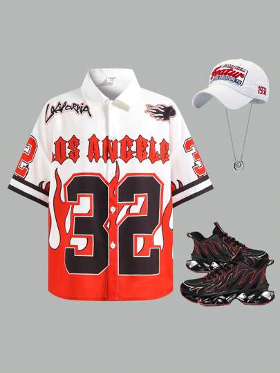 SHEIN Camisa de manga corta informal estilo universitario atlético y cómoda con impresión de letras versátil y sencilla, adecuada para niños adolescentes, primavera y verano, uso diario, al aire libre, escuela, ropa de calle, fiesta y ocio