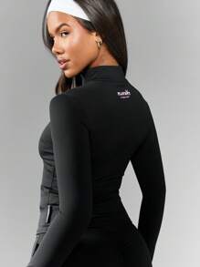 Missguided x Playboy Activewear Performance Zip Front Jacket Athletic Training Base Layer Compression Workout Running Yoga Fitness Gym Layer - Black - View 4