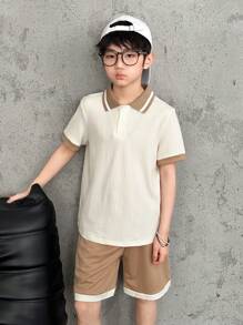 SHEIN Set de 2 piezas con camisa de polo a rayas de manga corta y pantalones cortos casuales para niño preadolescente