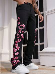 ROMWE MEN Street Life Men's Floral Embroidered Layered Flared Jeans - Black - View 2