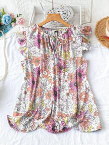 SHEIN LUNE Plus Size Colorful Floral Print Cap Sleeve Blouse Boho Rave Festival Spring Break Old Money Style Rave - Multicolor - View 1