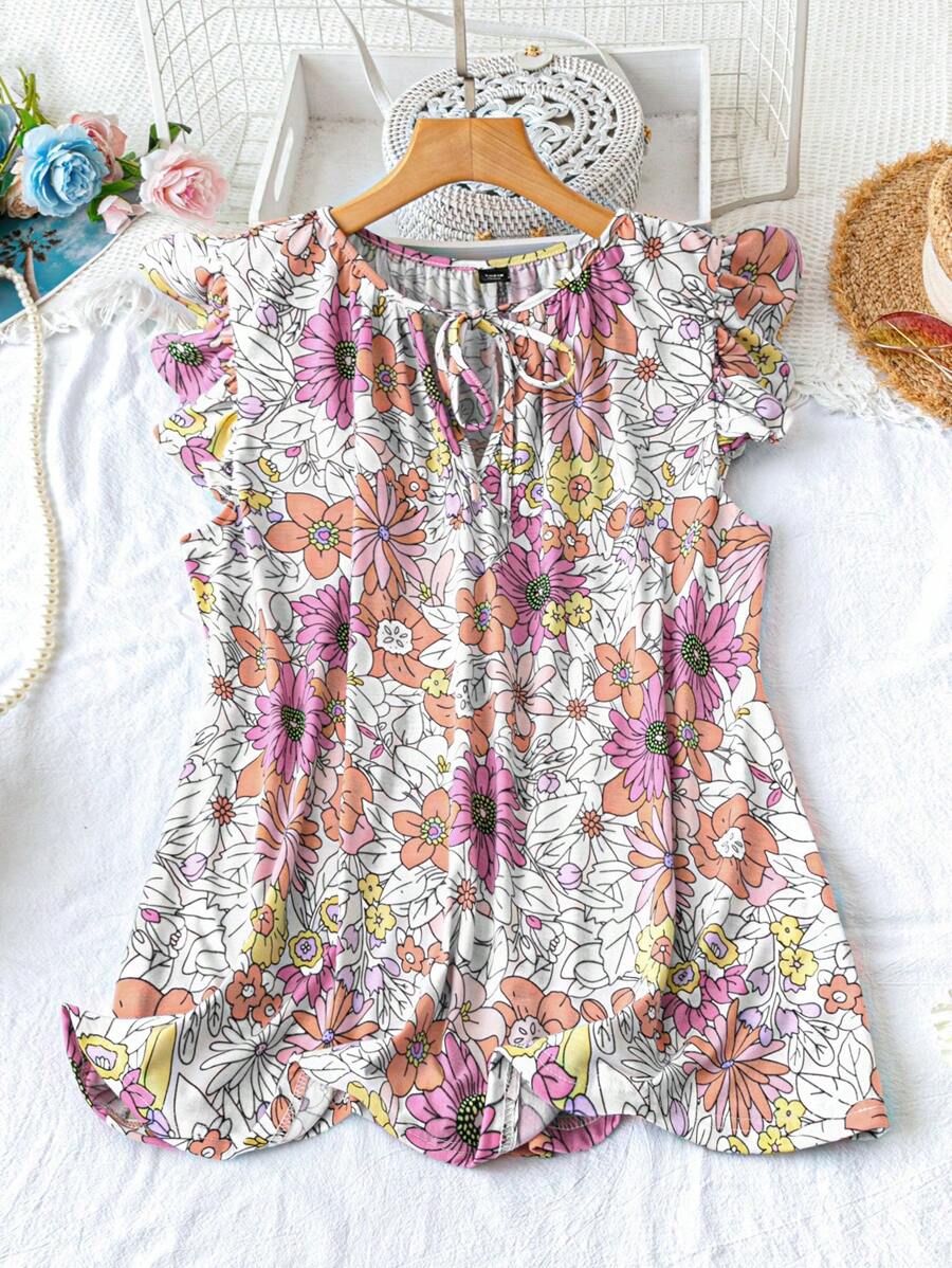 SHEIN LUNE Plus Size Colorful Floral Print Cap Sleeve Blouse Boho Rave ...