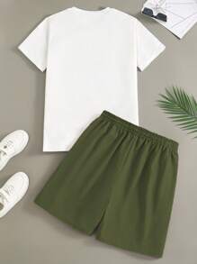 SHEIN Vacaura 2 Pieces Set: Teen Boys Casual Fashion Black Round Neck Short Sleeve Letter Graphic T-Shirt And Khaki Woven Shorts, Classic Color Scheme Summer New Arrival, School, Campus, College - Multicolor - View 2