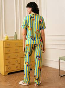 Striped Sausage Dog Open Front Women Pajama Set Holiday Season